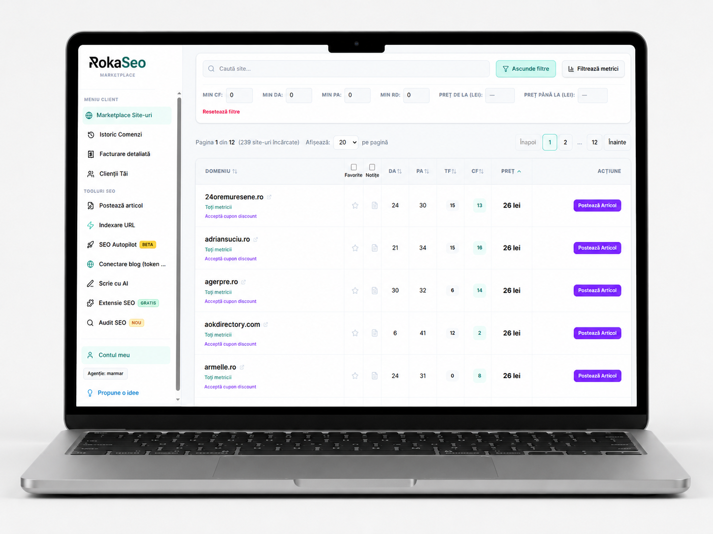 Platforma RokaSEO pe laptop — marketplace și comenzi